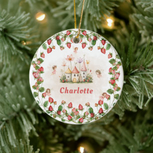 Strawberry enchanted fairy garden birthday  ceramic ornament