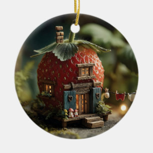 Strawberry Fairy House with Miniature Washing Line Ceramic Ornament