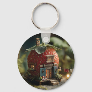Strawberry Fairy House with Miniature Washing Line Keychain