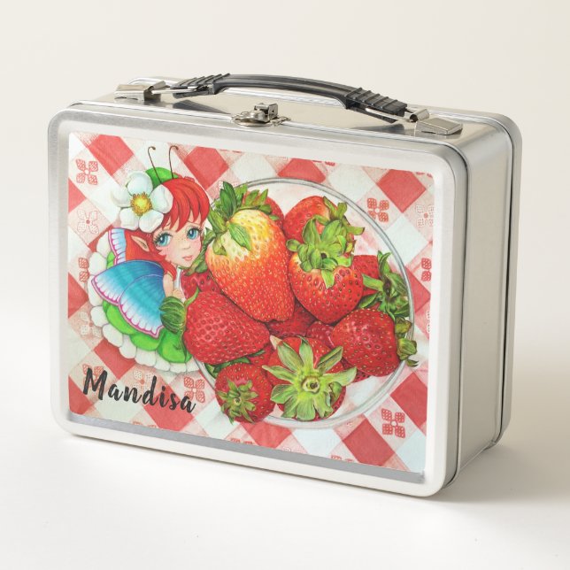strawberry fairy picnic art print metal lunch box (Front)