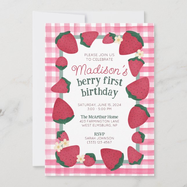 Strawberry Farm Birthday Invitation for Girl (Front)