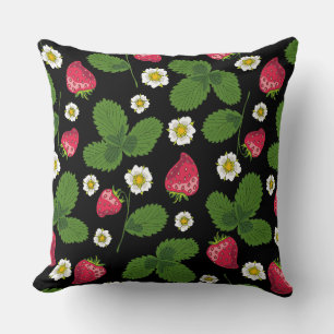 Strawberry Fields on Black Throw Pillow