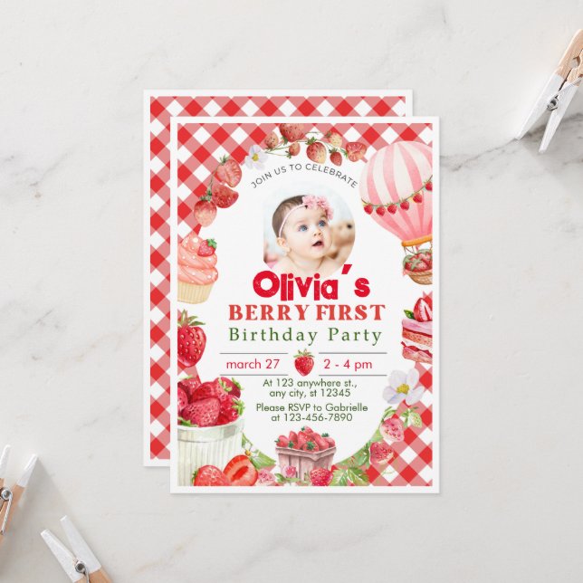 Strawberry First Berry 1st Birthday Invitation (Front/Back In Situ)
