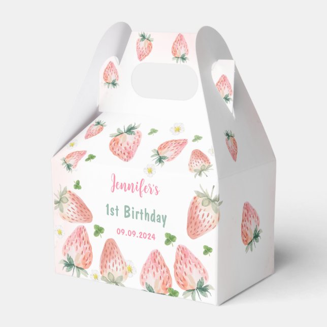 Strawberry First Birthday 1st  Favor Box (Front Side)