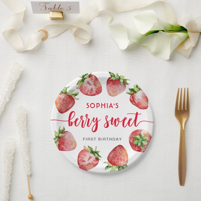 Strawberry First Birthday Berry Sweet Paper Plate (Wedding)