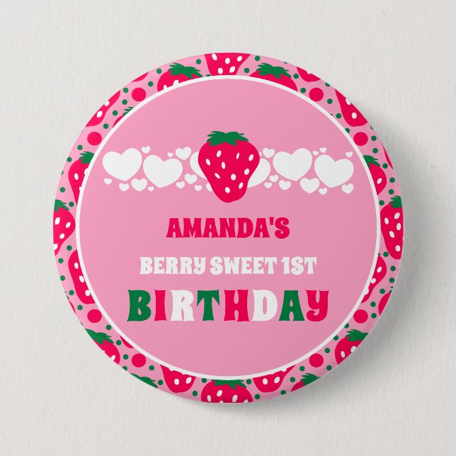 Strawberry First Birthday Celebration 3 Inch Round Button (Front)