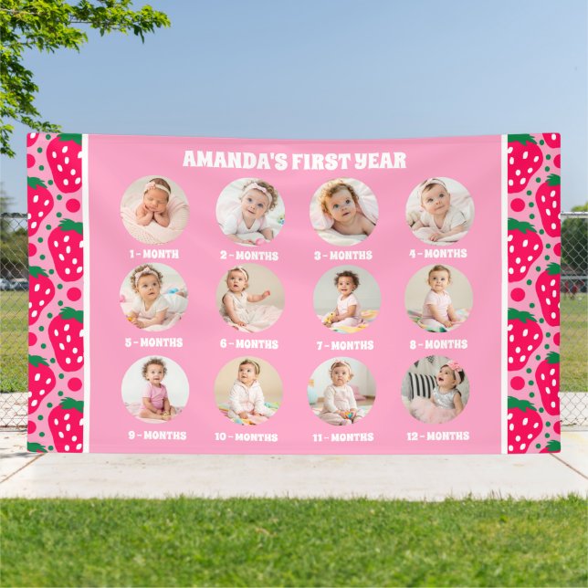 Strawberry First Birthday Celebration Milestone Banner (Outside)