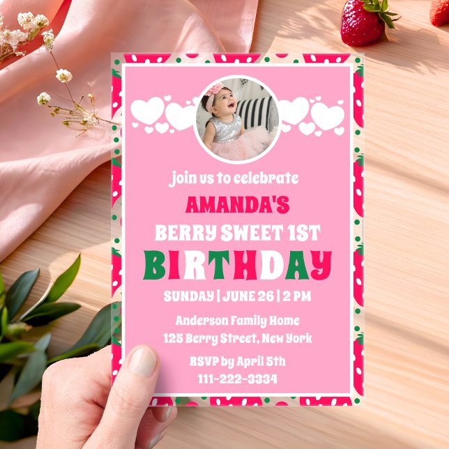 Strawberry First Birthday Celebration Photo Acrylic Invitations (Creator Uploaded)