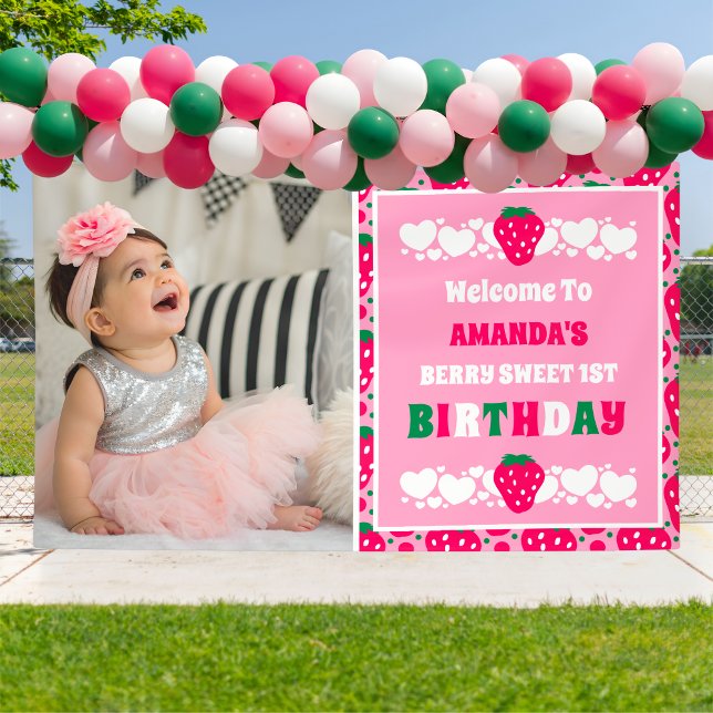 Strawberry First Birthday Celebration Photo Banner (Creator Uploaded)