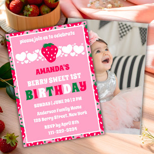 Strawberry First Birthday Celebration Photo Invitation