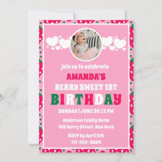 Strawberry First Birthday Celebration Photo Invitation
