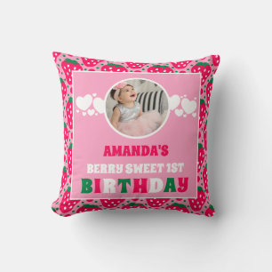Strawberry First Birthday Celebration Photo Throw Pillow
