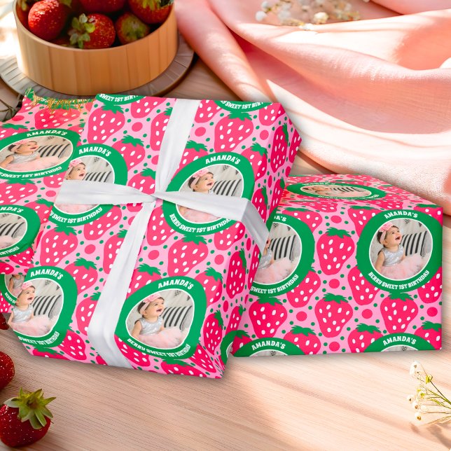 Strawberry First Birthday Celebration Photo Wrapping Paper (Creator Uploaded)