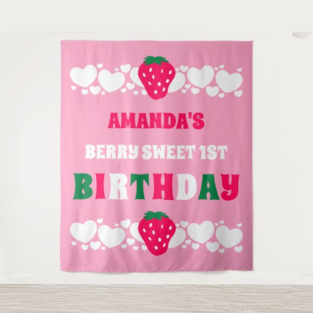 Strawberry First Birthday Fabric Banner Tapestry (Front)