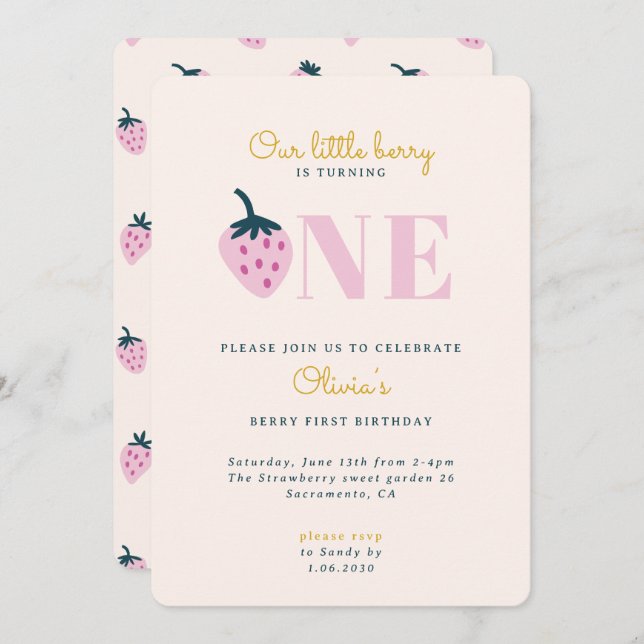 Strawberry first birthday Invitation (Front/Back)