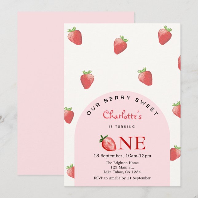 Strawberry First Birthday  Invitation (Front/Back)