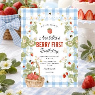 Strawberry first birthday invitation