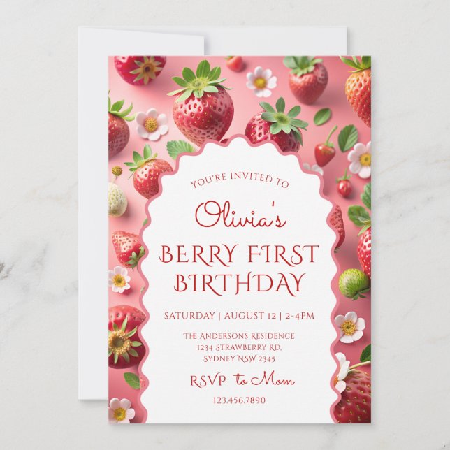 Strawberry First Birthday Invitation (Front)