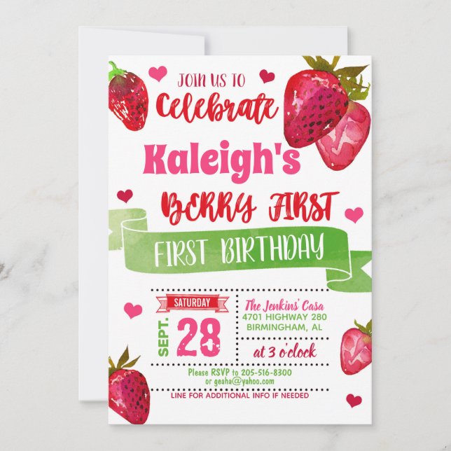 Strawberry First Birthday Invitation (Front)