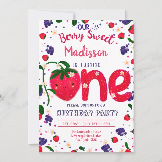 Strawberry FIRST Birthday Invitation (Front)