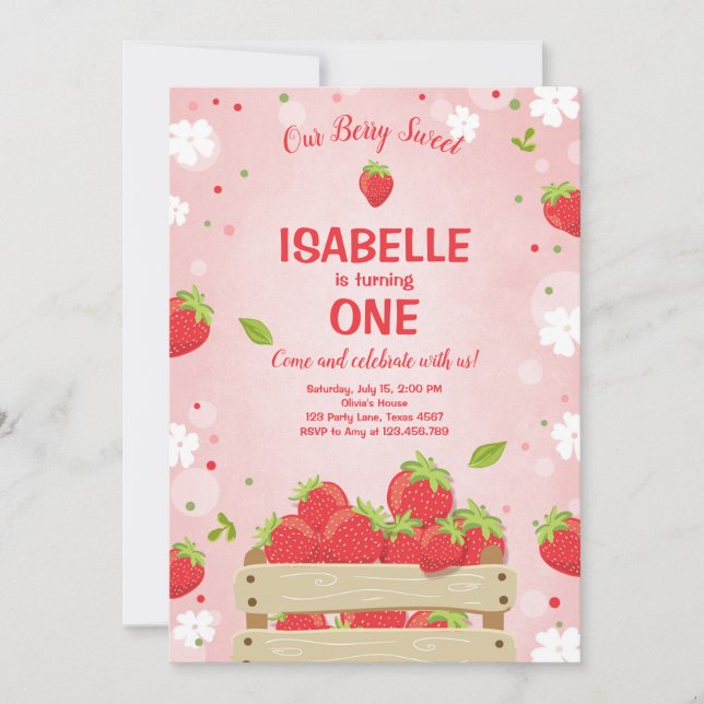 Strawberry First Birthday Invitation Summer Fruit (Front)