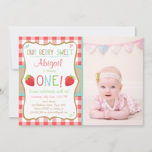 Strawberry First Birthday Invitation Summer Party (Front)