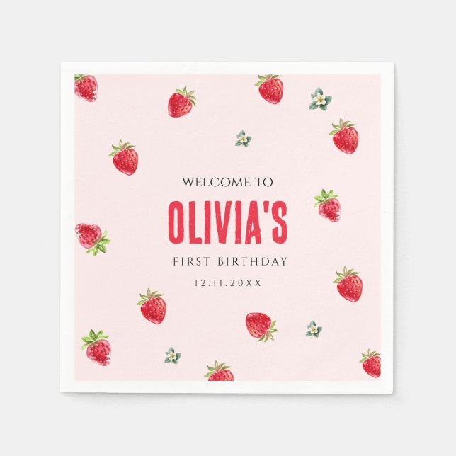 Strawberry First Birthday Paper Napkins  (Front)