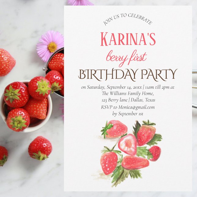 Strawberry First Birthday Party Berry 1st  Invitation (Creator Uploaded)