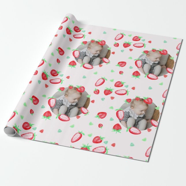 Strawberry first birthday party custom photo wrapping paper (Unrolled)