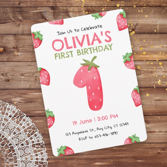 Strawberry First Birthday Party Invitation (Creator Uploaded)