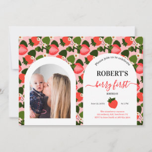 Strawberry first birthday personalized photo invitation