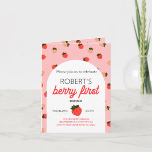 Strawberry first birthday personalized photo invitation