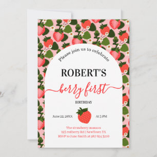 Strawberry first birthday personalized photo invitation