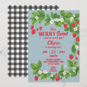 Strawberry First Birthday (Red & Blue) Invitation