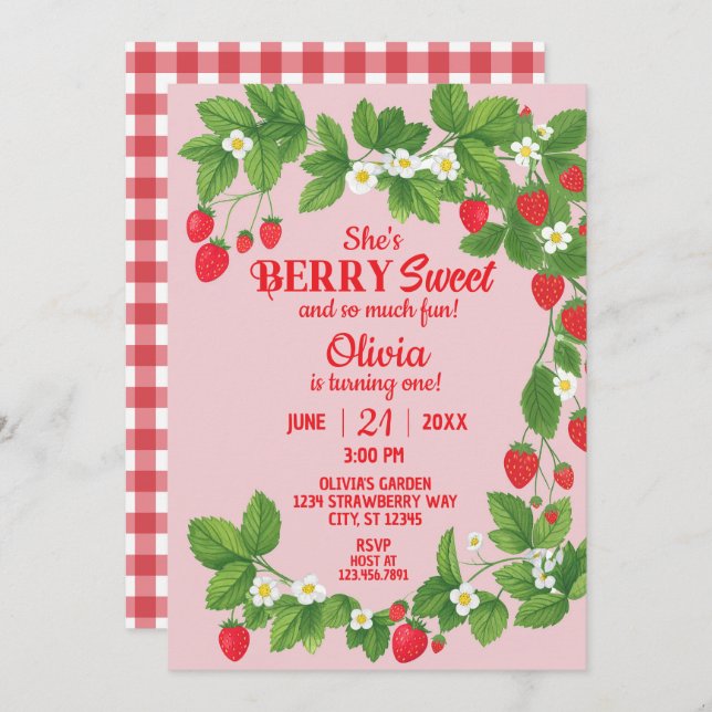 Strawberry First Birthday (Red & Pink) Invitation (Front/Back)