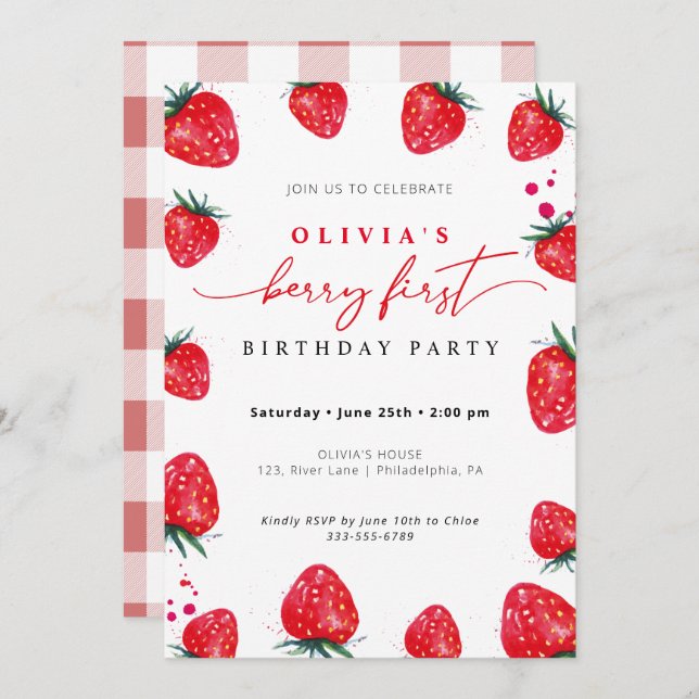 Strawberry First Birthday Spring Summer Invitation (Front/Back)