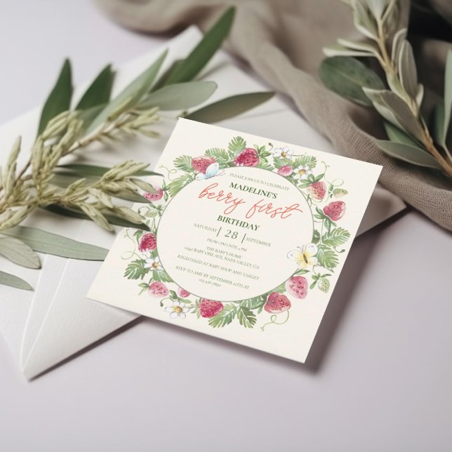 Strawberry Floral Boho Girl Berry First Birthday Invitation (Creator Uploaded)