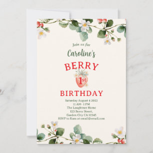 Strawberry Floral First Girls Birthday Invitation