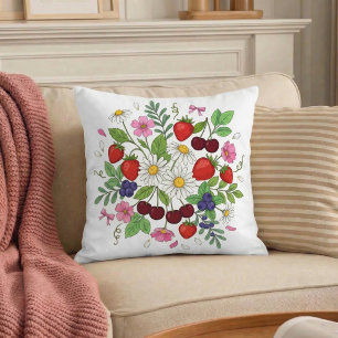 Strawberry Floral Garden Throw Pillow