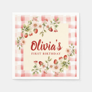 Strawberry Floral Gingham First Birthday Napkin