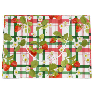 Strawberry Floral Pink and Green Plaid Large Gift Bag