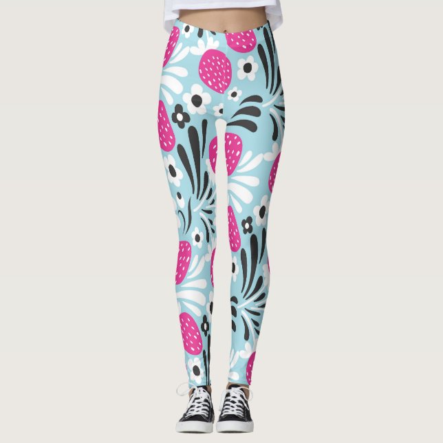 Strawberry Floral: Pink Berry Seamless. Leggings (Front)