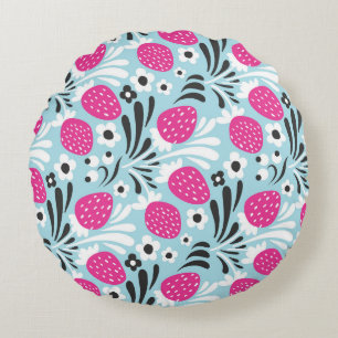 Strawberry Floral: Pink Berry Seamless. Round Pillow