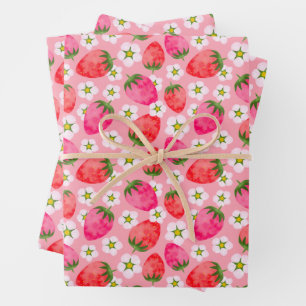 Strawberry & florals pattern wrapping paper sheet