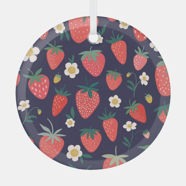 Strawberry Flowers & Fruits: Decorative Pattern Glass Ornament (Front)