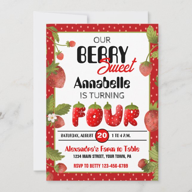 Strawberry Fourth Birthday Party Invitation (Front)