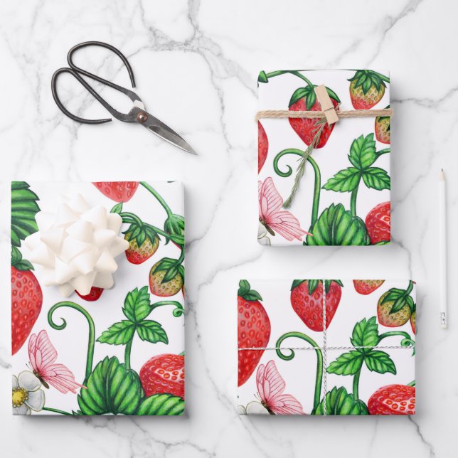 Strawberry Fruit and Strawberry Blossom Vibrant  Wrapping Paper Sheet (Front)