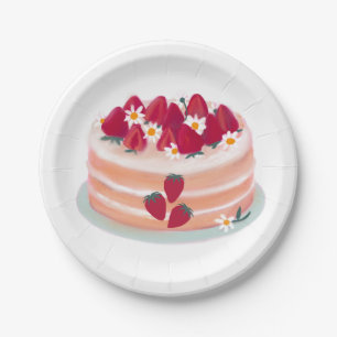 Strawberry Fruit Cake and Daisy Flowers Paper Plate