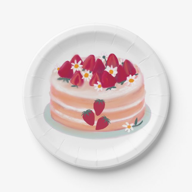 Strawberry Fruit Cake and Daisy Flowers Paper Plate (Front)