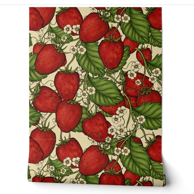 Strawberry Fruit Forest -Vintage Botanical Kitchen Wallpaper (Unrolling)